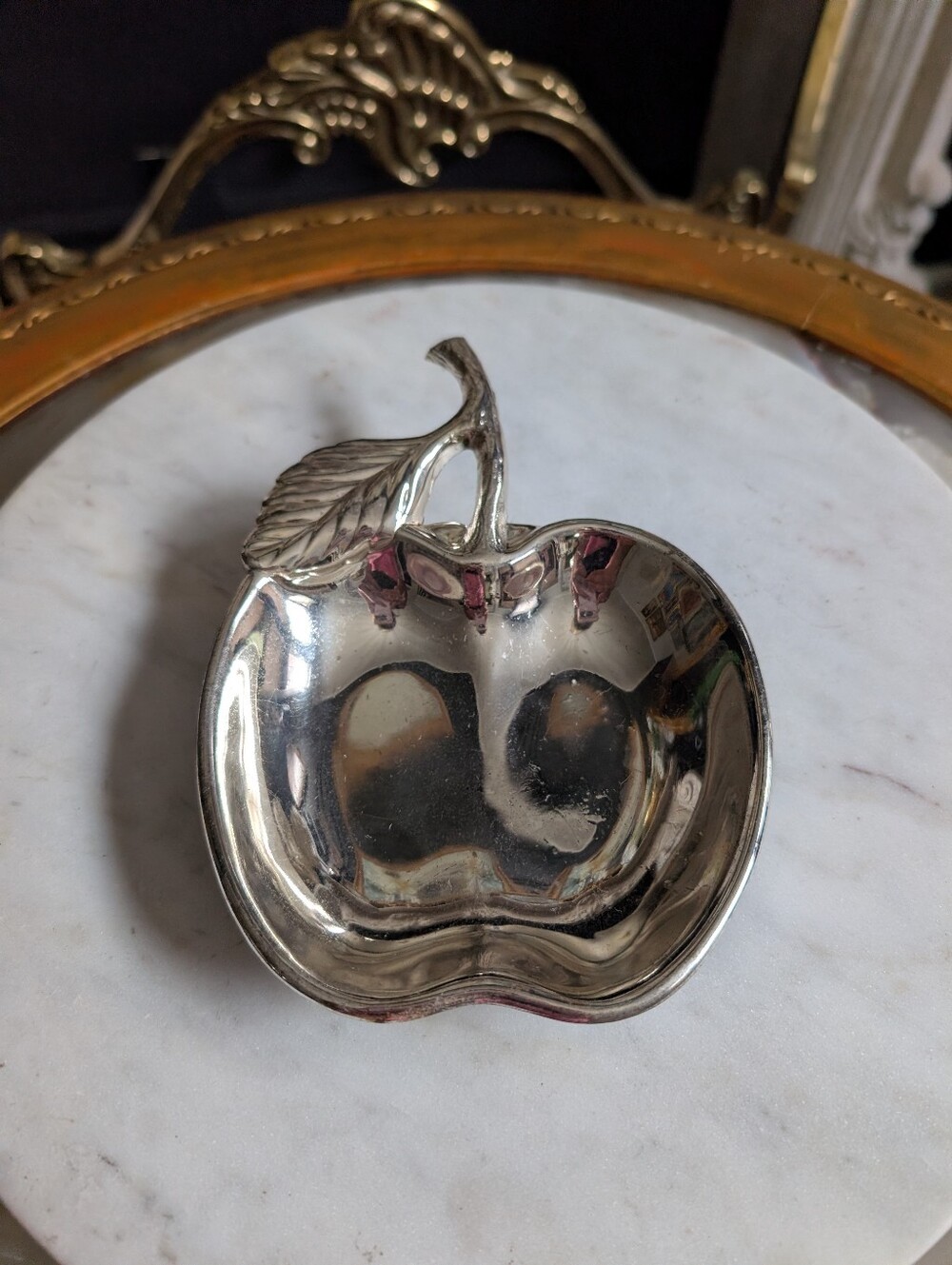 Vintage 1970s Silver Plated Apple Trinket Dish Catchall Bowl,  7" x 5"